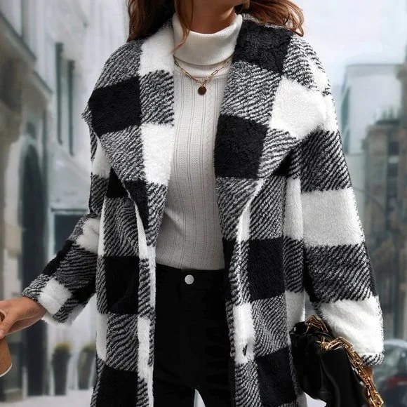 Multicolor Preppy Womens Buffalo Plaid Print Teddy Coat - Picture 2 of 5